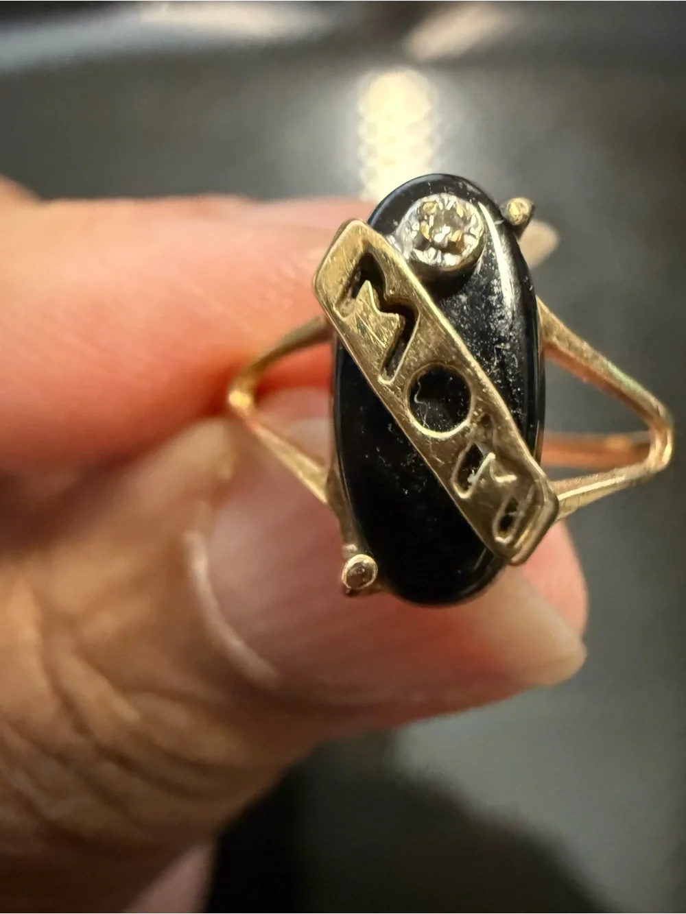 Gold Tone Mom Women's Signet Ring with Black Center Stone 10 karat